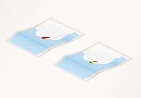 Two versions of a folded map of Senegal with the flag of the country of Senegal and with the red color highlighted. vector