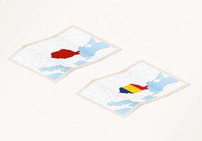 Two versions of a folded map of Romania with the flag of the country of Romania and with the red color highlighted. vector