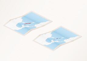 Two versions of a folded map of Cuba with the flag of the country of Cuba and with the red color highlighted. vector