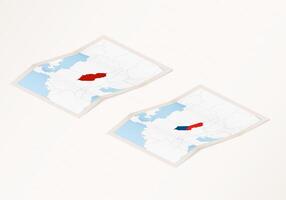 Two versions of a folded map of Czech Republic with the flag of the country of Czech Republic and with the red color highlighted. vector