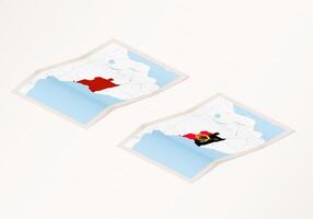 Two versions of a folded map of Angola with the flag of the country of Angola and with the red color highlighted. vector