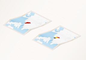 Two versions of a folded map of Belgium with the flag of the country of Belgium and with the red color highlighted. vector