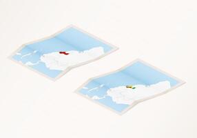 Two versions of a folded map of Guyana with the flag of the country of Guyana and with the red color highlighted. vector