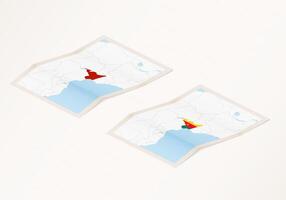 Two versions of a folded map of Cameroon with the flag of the country of Cameroon and with the red color highlighted. vector