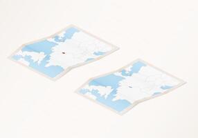 Two versions of a folded map of Luxembourg with the flag of the country of Luxembourg and with the red color highlighted. vector