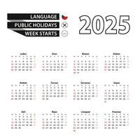 2025 calendar in Czech language, week starts from Sunday. vector