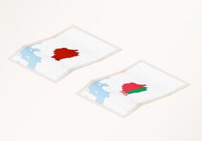 Two versions of a folded map of Belarus with the flag of the country of Belarus and with the red color highlighted. vector