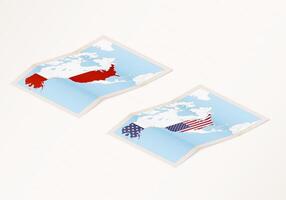 Two versions of a folded map of USA with the flag of the country of USA and with the red color highlighted. vector