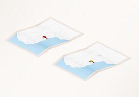 Two versions of a folded map of Benin with the flag of the country of Benin and with the red color highlighted. vector