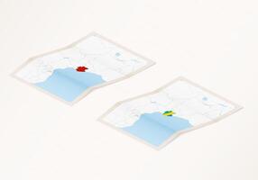 Two versions of a folded map of Gabon with the flag of the country of Gabon and with the red color highlighted. vector