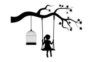 Silhouette of a girl on a swing, with a birdcage, symbolizing freedom. vector