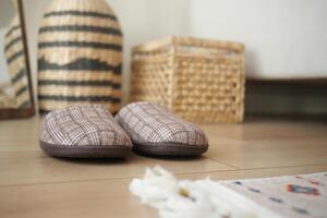 Cozy Indoor Slippers Positioned Comfortably on a Warm Wooden Floor photo