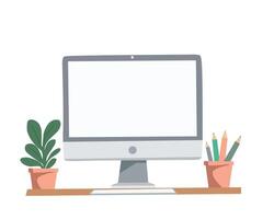 computer monitor, pencils, and plant on desk vector