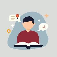 An illustration of a person reading a book with education and learning concepts around. Perfect for e-learning, academic, and knowledge-related projects vector