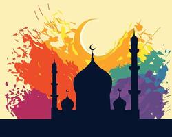 Silhouette of a mosque with minarets under a crescent moon, set against a vibrant abstract colorful background. Perfect for Islamic festivals, celebrations, and art vector