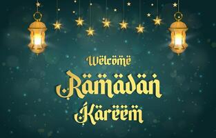 welcome ramadan kareem 2025 template banner with beautiful islamic ornament with green background design 018 vector
