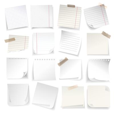 Paper notes set. Stickers for squared and lined notes, sticky sheets with tapes.Notepaper meeting reminder, memos set. Blank sheet, sticky note, torn piece. Paper tags message card frames page.