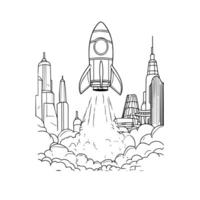 A drawing of a rocket flying over the city vector