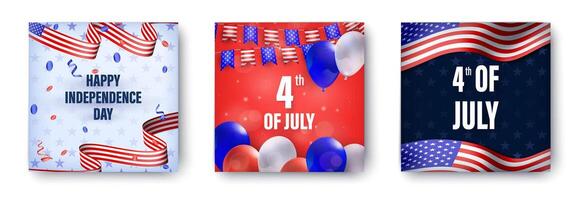 4th of july realistic square card template set vector