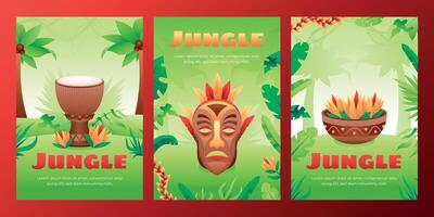 Gradient jungle vertical cards set collection with mask and drum vector