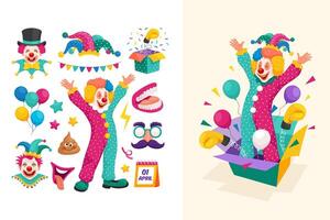 Hand drawn flat april fools day icons with illustration set collection with clown vector