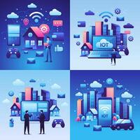 Gradient IoT illustration set collection with people and big devices on cityscape vector