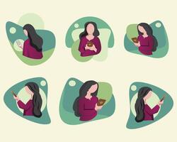 Flat character design girl with mobile, girl with phone facing different direction vector