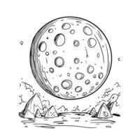 A coloring page with a drawing of the moon and the mountains vector