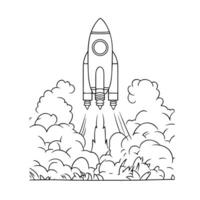 A coloring page with a rocket flying into the sky vector