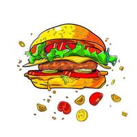 A hamburger with lettuce, tomatoes and cheese vector
