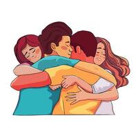 Three people hugging each other, one is holding a child vector