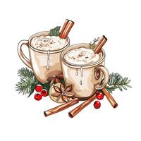 Two cups of hot chocolate with cinnamon and spices vector