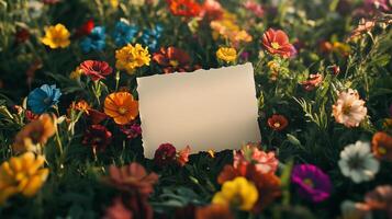 blank white paper in the center of colorful flower field photo