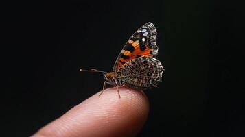 black tiny butterfly on human finger with black background photo