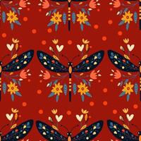 A pattern with dragonflies and flowers on a red background vector