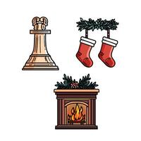 Christmas icons set with fireplace, stockings and a bell vector