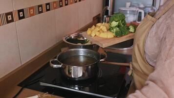 Person Adding Fresh Vegetables to a Pot Preparing a Healthy Home Meal photo