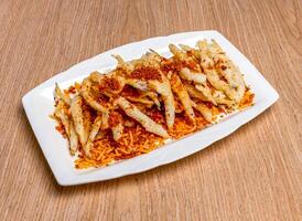 Deep fried Chinese Spicy noodle fish with spice salt served in tray dish isolated on wooden table side view of hong kong food photo