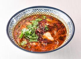 Sichuan Boiled fish with red chilli, noodles, green onion, potato powder and coriander served in bowl isolated on white background side view of hong kong food photo