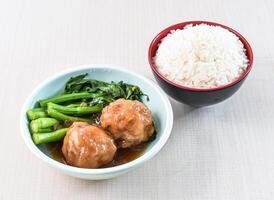 Braised lion head with white rice and kailan served in bowl isolated on white background side view of hong kong food photo