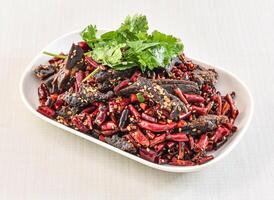Sichuan Style Spicy Beef Jerky Tenders with red chilli and sesame seeds served in tray dish isolated on white background side view of hong kong food photo