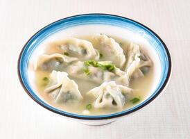 Leek and Pork Soup Dumplings topped with scallions served in bowl isolated on white background side view of hong kong food photo
