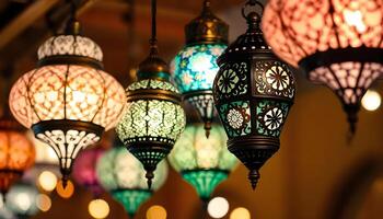 Colorful Middle Eastern style lanterns suspended from a ceiling, with ornate patterns illuminated, set against a warm, blurred background featuring pastel bokeh lights 1 photo