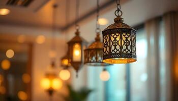 Modern take on Middle Eastern style lanterns hanging in a contemporary space, with geometric shapes, against a warm, blurred background featuring soft, circular bokeh lights photo