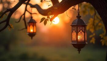 Rustic Middle Eastern style lanterns hanging from a tree branch, adorned with vines, in a warm, blurred sunset background with soft bokeh lights 2 photo