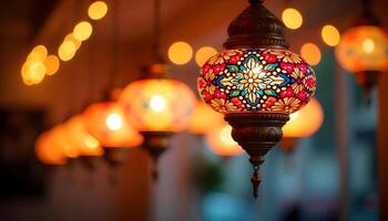 Colorful Middle Eastern style lanterns suspended from a ceiling, with ornate patterns illuminated, set against a warm, blurred background featuring pastel bokeh lights 2 photo