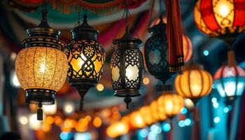 Traditional Middle Eastern style lanterns hanging from a market stall, decorated with colorful fabrics, against a warm, blurred background filled with festive bokeh lights photo