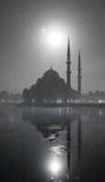 A silhouette of a Middle Eastern city skyline displaying grand domed buildings and prominent minarets against a foggy, gray background under a full moon, casting a mystical glow. photo
