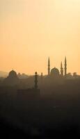 A silhouette of a Middle Eastern city skyline showcasing ancient domed buildings and historic minarets against a foggy, gray background during a summer afternoon, with shadows stretching long photo