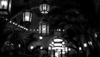 Elegant Middle Eastern style lanterns hanging in a lavish courtyard, surrounded by exotic plants, with a warm, blurred background filled with vibrant bokeh lights photo